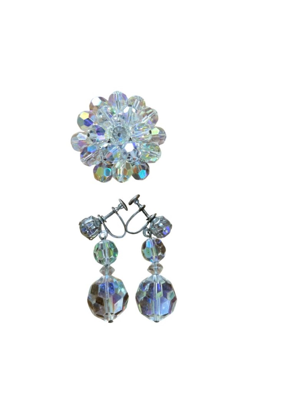 Mid Century Vintage Aurora Borealis Crystal Brooch Earring Set